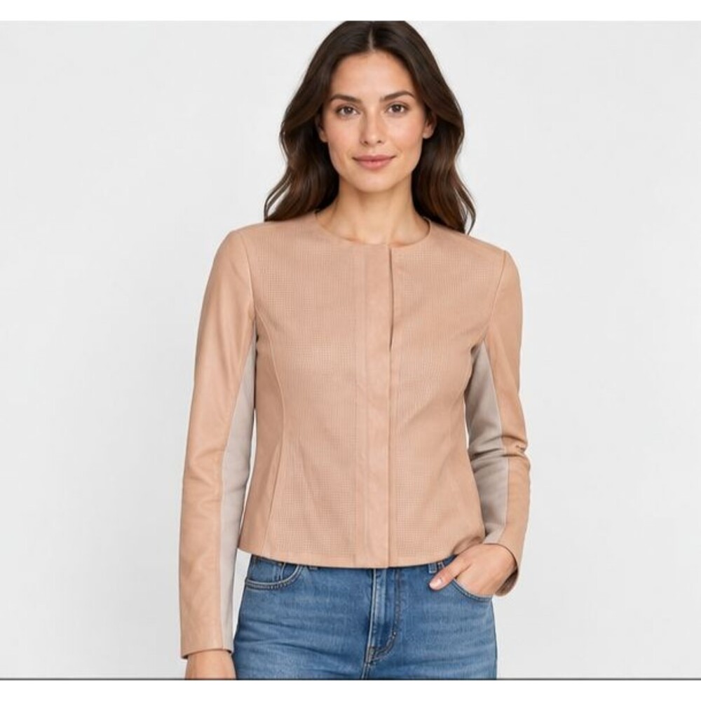Vince 100% Leather Zip Jacket Blush Perforated Collarless Knit Panels Womens S